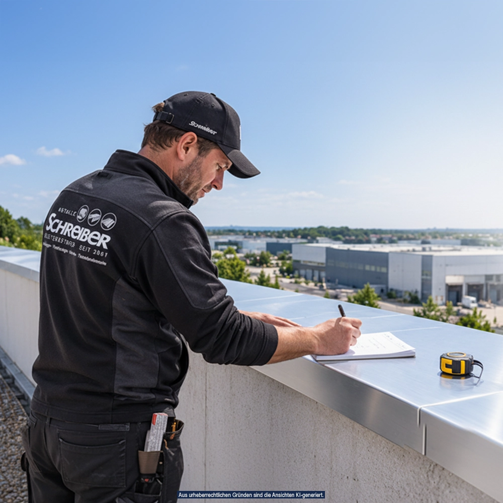 Mitarbeiter beim Ausmessen - Mauerabdeckungen aus Aluminium vom Meisterbetrieb Schreiber